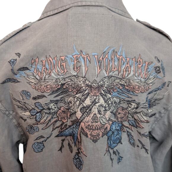 Zadig & Voltaire Kid Linen Glacier Blue Skull Embroidered Utility Jacket XS - Picture 6 of 12